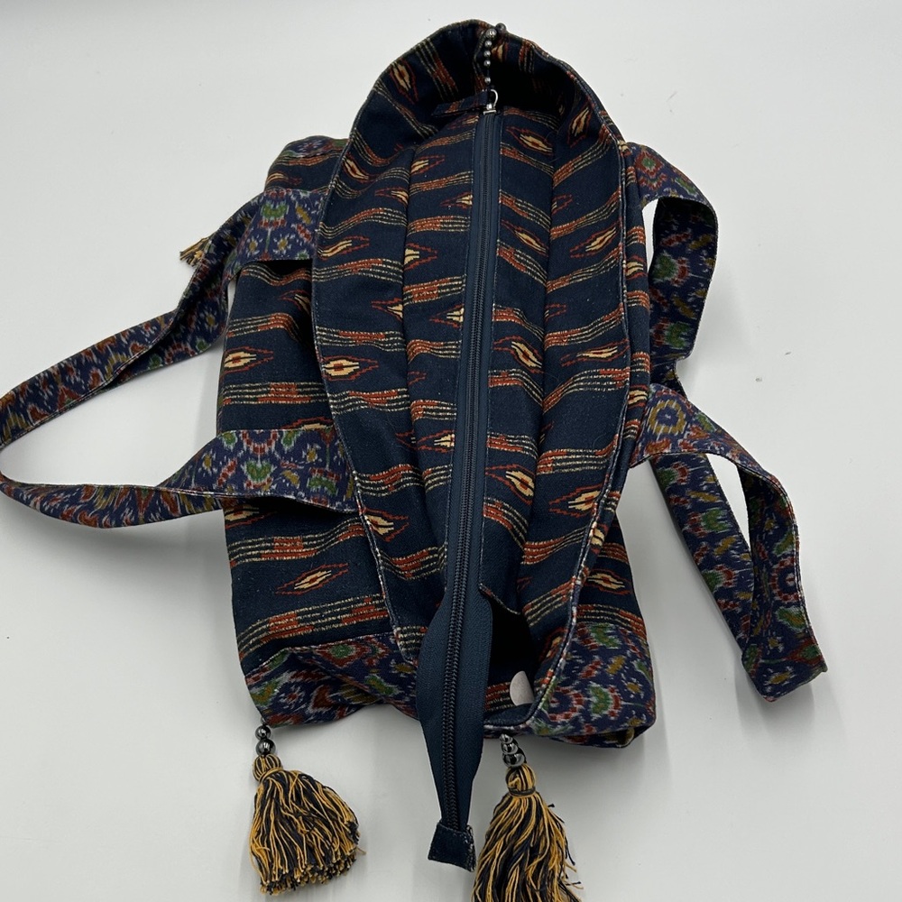 Free People Basel Tassel Tote Bag Boho Chic Tote Bag Navy Blue Canvas Hippie - Picture 5 of 14